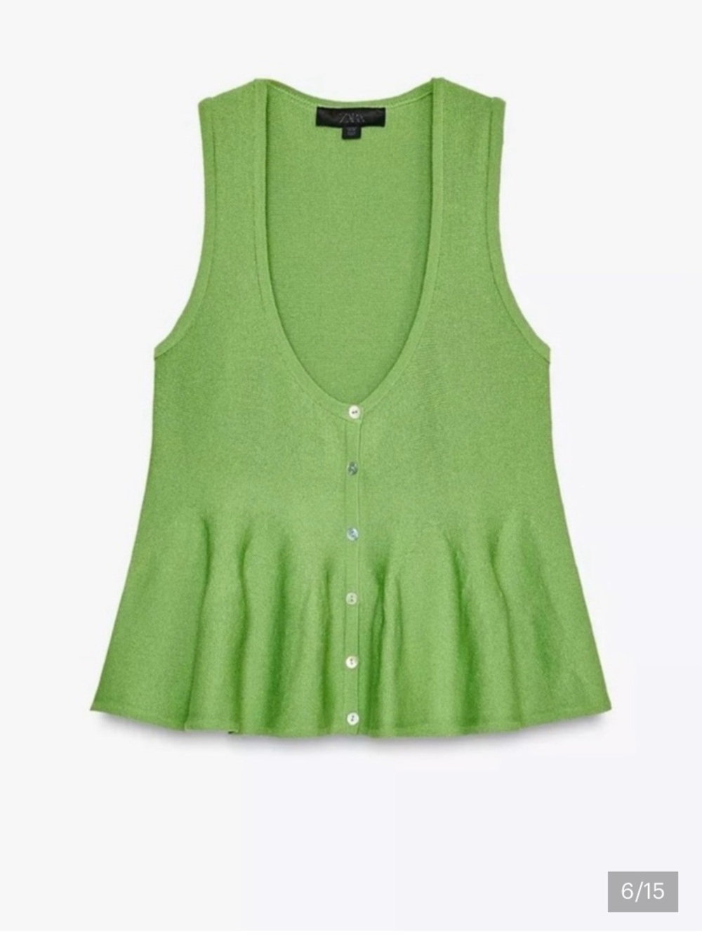 NWT Zara Chartreuse Green Sleeveless Knit Button Front Peplum Top Size S - Picture 6 of 16